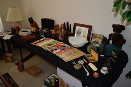 Vintage items with wood carvings, mink bear, vintage sheet music