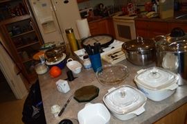 Pyrex, pots, flatware, knives