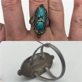 Item Number R60. Size 7.5. Large turquoise stone. Signed "Sterling D". Client paid $129.95. 