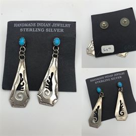 Item Number E13. Pair of handmade sterling and turquoise earrings. Measure 2 1/8" long. Marked "Sterling KK" on the back. Client paid $60.