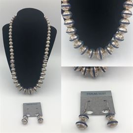 Item Number N38. Sterling and lapis necklace and earrings set. Sold together. 