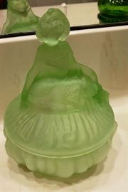 Vintage 1930's Green Glass Curtsy Girl Powder Box Marked Toussant