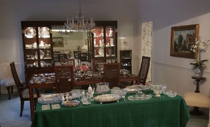 The Formal Dining Room Henredon Senic One Dining Table w/8 Chairs and Matching China Cabinet & Server.  