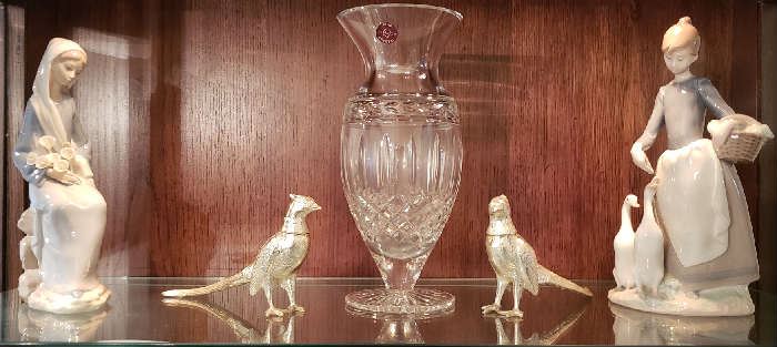 Llardo Figurines , Crystal Vase & silver Plate S & P's