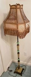 Victorian Parlor Floor Lamp with Accents of Jadeite and Marble Hand Painted Shade with Fringe. Some damage to shade