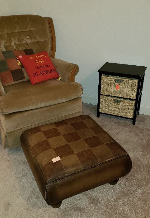 Club chair, ottoman, pillows