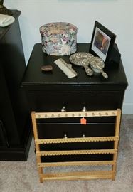 nightstand, silverplate mirror set, jewelry holder