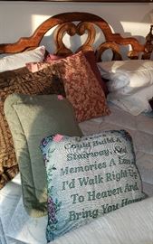 linens, pillows, queen headboard