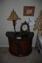 PAIR OF HENREDON MARBLE TOP DEMI LUNE END TABLES