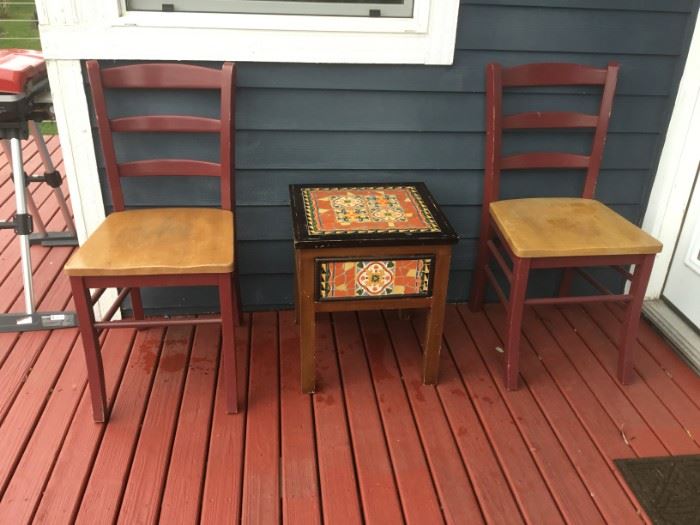 2 Ladder Back Chairs, 1 Tiled End Table