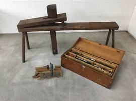 Antique Shaving Horse, Coopers Workbench and Tool Box