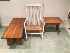 Pine Coffee and End Table, and Rattan Rocking Chair