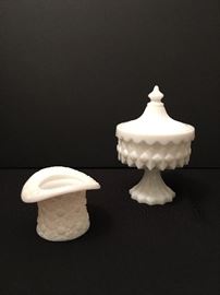 Vintage Milk Glass pedestal candy dish; Buttons and Bows top hat