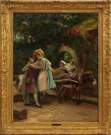 JULES GIRARDET (FRENCH, B. 1856), OIL ON CANVAS, H 38", W 30", RECEIVING THE LADY  Lot 2012  visit www.dumoart.com  for all lots 