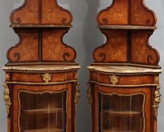 FRENCH NAPOLEON III MARQUETRY AND BRONZE CORNER CABINETS, PAIR, H 80" W 29.5", D 15.5"  Lot 2050   www.dumoart.com 