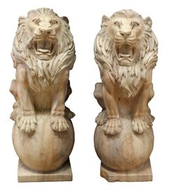 CARVED MARBLE SEATED LIONS 20TH CENT. PAIR, H 50.5", W 20", D 21" www.dumoart.com 