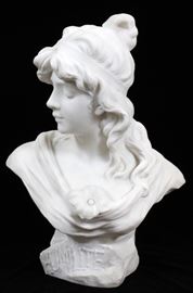 A. PIAZZA (ITALIAN, LATE 19TH/EARLY 20TH C.), CARVED WHITE MARBLE SCULPTURE, H 23 1/2", L 16 1/2", D 11", "HUMILITE"  www.dumoart.com 