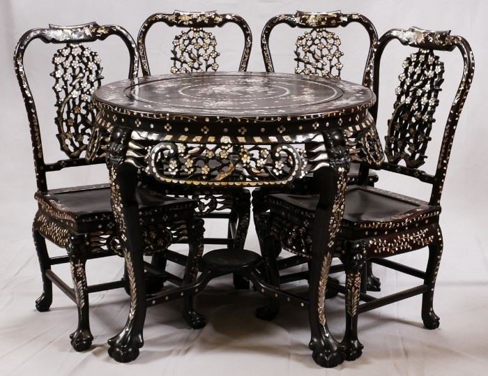 MOTHER OF PEARL AND ABALONE INLAY CHINESE TEAK DINING SET, CIRCA 1900-1920  www.dumoart.com 