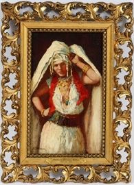 ADDISON THOMAS MILLAR [AMERICAN, 1860–1913] OIL ON MAHOGANY PANEL, H 9.5", W 5.5", PORTRAIT OF A GYPSY WOMAN  www.dumoart.com 