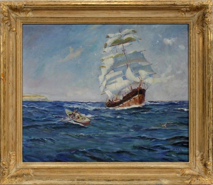MAUD ESTELLE WORK (AMERICAN, 1888-1943), OIL ON CANVAS, SEASCAPE WITH FRIGATE, H 24 1/4". W 29 1/4"  www.dumoart.com 