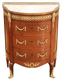FRENCH, MAHOGANY PARQUETRY INLAID MARBLE TOP DEMI-LUNE SMALL CHEST, H 32", L 26", D 13"  www.dumoart.com 