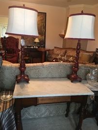 Pair of Providence Red Table Lamps with Natural Linen Shades with Red
Trim
Marble Top Desk/Vanity on Rollers