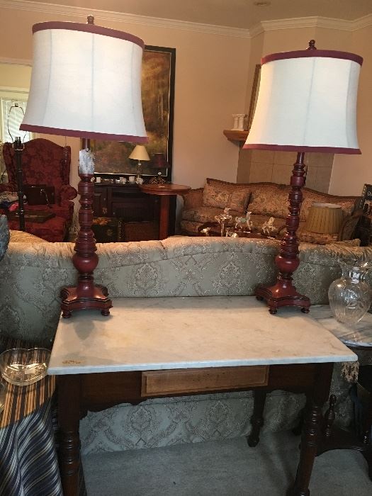 Pair of Providence Red Table Lamps with Natural Linen Shades with Red     
     Trim
Marble Top Desk/Vanity on Rollers