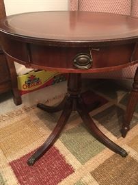 Sweet Mahogany Barrell Table with Leather Embossed Top and One Drawer with Claw Feet