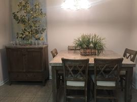 Stunning Dining Room Set
Steve SilverCounter Table with Franco Marble Top & 6 Steve Silver Counter Chairs with Natural Linen Seats &
Steve Silver Franco Marble Top Server/Wine Cabinet