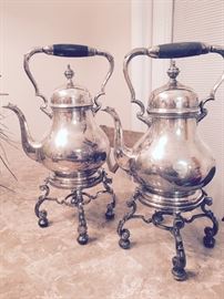 Two Beautiful Silverplated Samovarâs Coffee Pots on Burner Stands Great for Catering or Weddings
