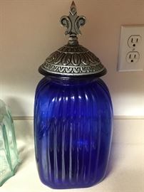 Pretty Cobalt Blue Canister with Fleur de Lis Pewter Top