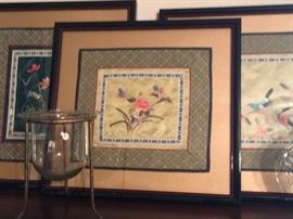 Three Vintage Framed Oriental Silk Embrodery Textile Tapestries