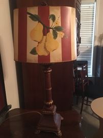 Beautiful Turned Table Lamp with Pear/Striped Lampshade