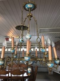 Vintage Blue Porcelain & Brass Chandelier