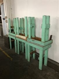 Work tables of all sizes!  Make your own desired work area by piecing together our various size tables!  Shown in this photo are just a few of the small ones.  We have all sizes, padded, and unpadded!  Heavy duty and light duty.