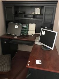 L Shaped Desk w/ shelving & cabinet topper.  Also shown are available monitors and accessories.