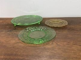 10 Round Green Glass Cake Plate, 8 Green Glass Plate and Decorative Small Yellow