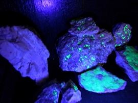 Lot 120: Flourescent Hyalite Opal Collection with Shelf and Light. Collected from Chalk Mountain in Mitchell County, NC in the 1970's. Includes a homemade painted black shelf and black light with case. Various sizes. 30 rocks total. Shelf measures 65" H x 25" W x 14" D.