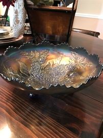 Vintage Fenton carnival glass stag holly footed bowl iridescent.