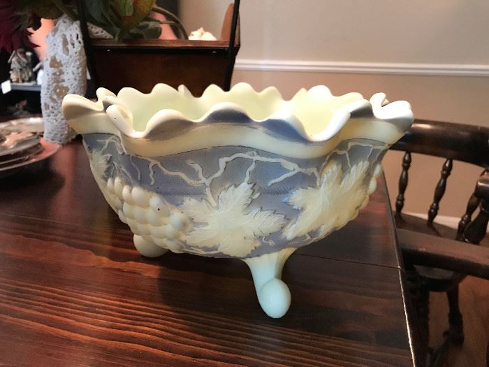 Northwood milk glass Grape and Cable ruffled tri-footed centerpiece. $75