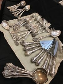 Gorham "King Edward" sterling 40-piece set. $1,500
6 soup spoons
8 teaspoons
8 knives
8 forks
8 salad forks
Sugar spoon
2 serving spoons
