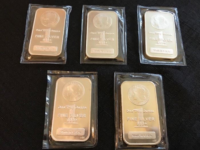 Five (5) 1 Troy ounce silver bars. $17.50 each