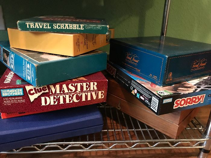 Clue, travel scrabble, Sorry, Trivial Pursuit