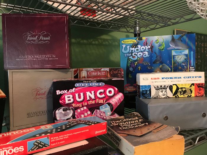 Bunco, Dominos, Under the Sea, Poker chips, Trivial Pursuit