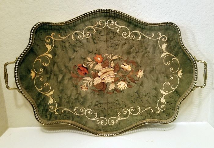Vintage Inlaid Wood Serving Tray with Brass Handles. $24
