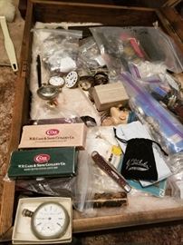 Box of miscelanous pocket watches, Case Knives and assorted jewelry.  Individual photos will be posted
