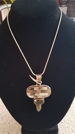 Large Pendant With Mother of Pearl Inlay & Large Quartz Stones on A Thick Sterling Rope Chain