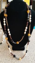 52 " of Multi Colored Fresh Water Pearls Intermingled with Black Glass Beads & Amber Colored Quartz