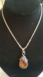 Amber Pendant In Sterling Setting & Sterling Chain