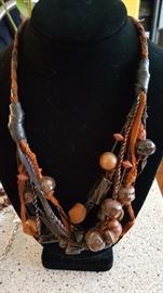 Leather, Glass & Wood Bead Necklace